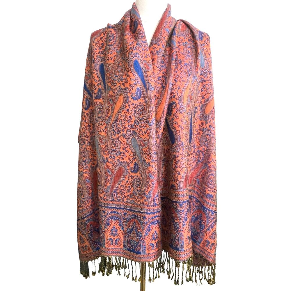 VTG 100% Cashmere Pashmina Paisley Scarf Orange Blue Wrap Shawl Two Sided 80x28